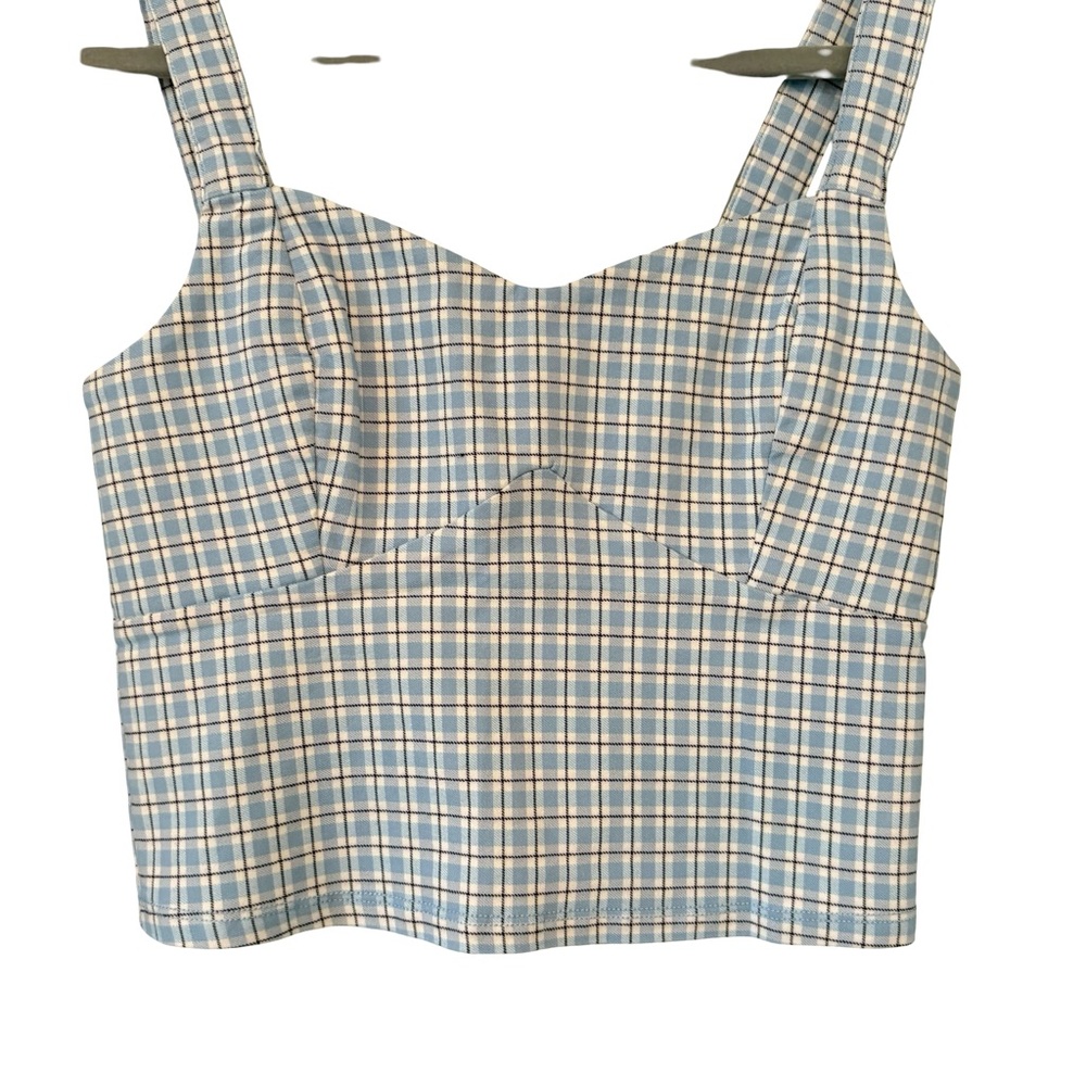 NWT, Hollister Blue Fitted Stretch Crop Tank Top, Blue and White Plaid, Sz S - Picture 4 of 9